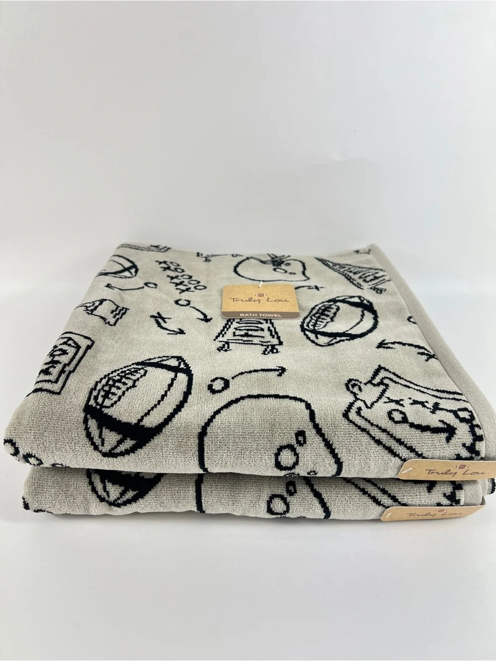 Truly Lou Bath Towels Fun Football Design Black Tan Soft Velour Cotton 6 Pc NEW